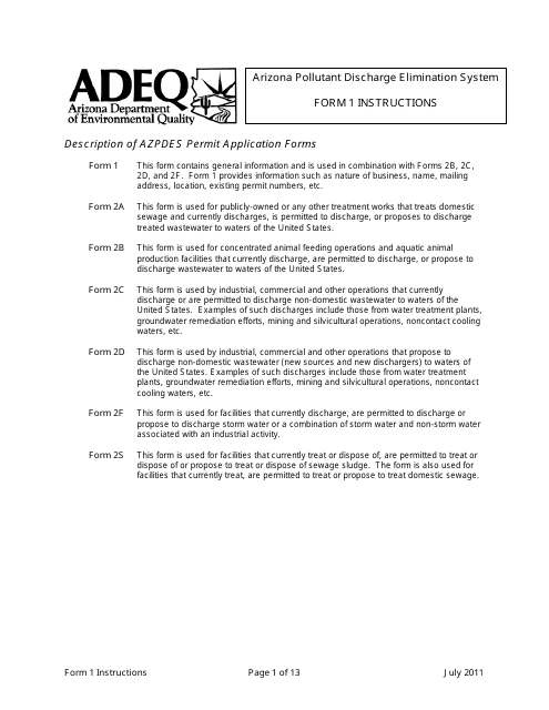 Instructions for ADEQ Form 1 Arizona Pollutant Discharge Elimination System Permit Application - Arizona