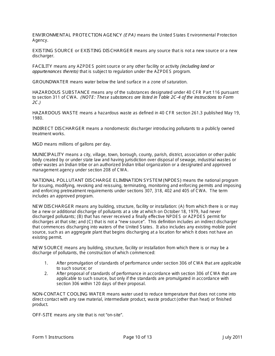 Instructions for ADEQ Form 1 Arizona Pollutant Discharge Elimination System Permit Application - Arizona, Page 10
