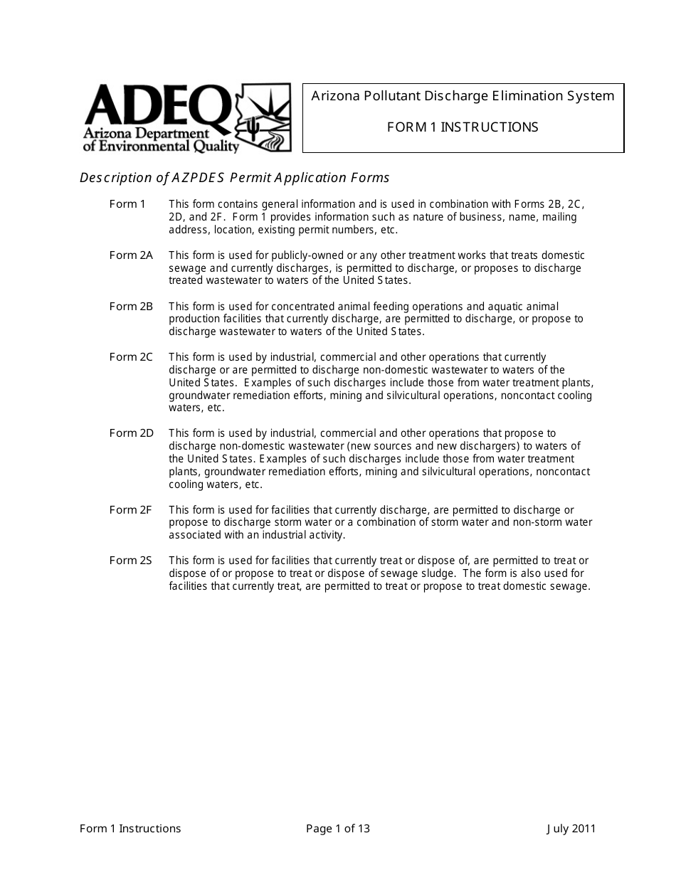 Instructions for ADEQ Form 1 Arizona Pollutant Discharge Elimination System Permit Application - Arizona, Page 1