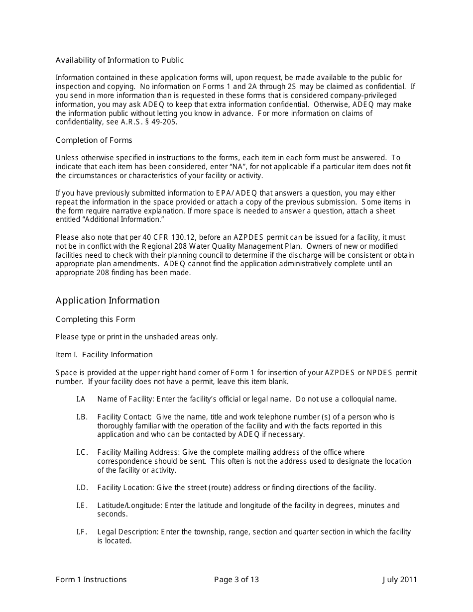 Instructions for ADEQ Form 1 Arizona Pollutant Discharge Elimination System Permit Application - Arizona, Page 3