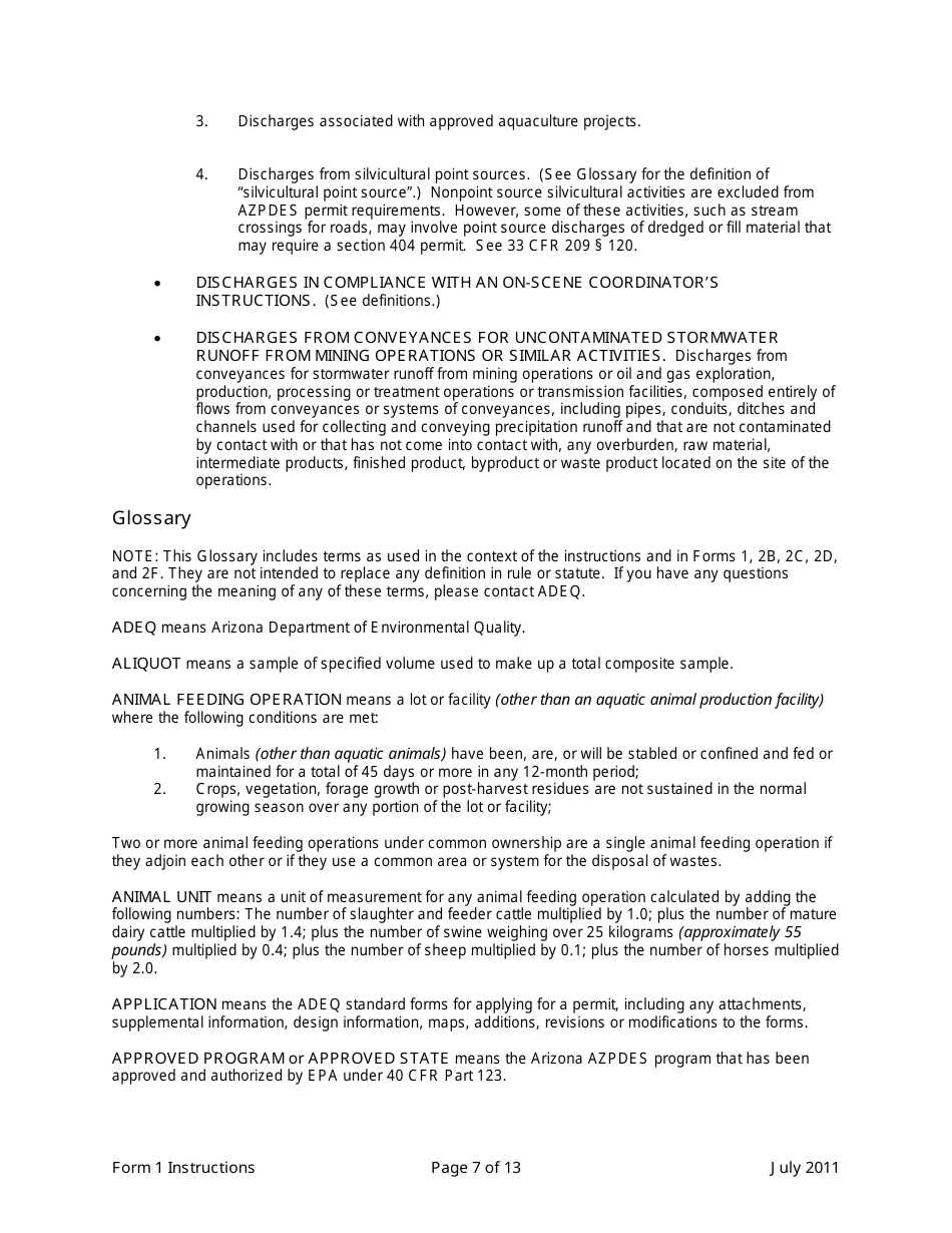 Instructions for ADEQ Form 1 Arizona Pollutant Discharge Elimination System Permit Application - Arizona, Page 7
