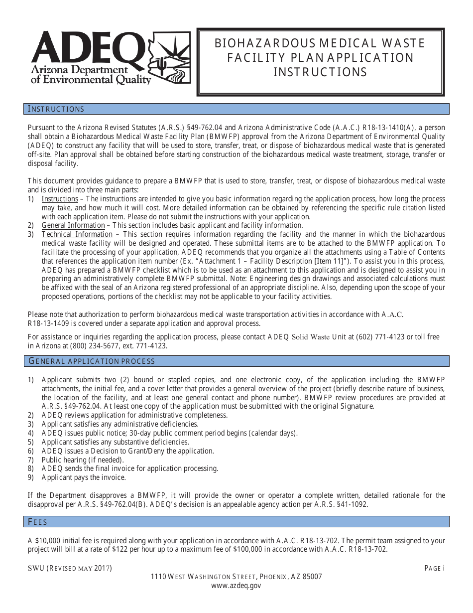 ADEQ Form SWU Biohazardous Medical Waste Facility Plan Application - Arizona, Page 1