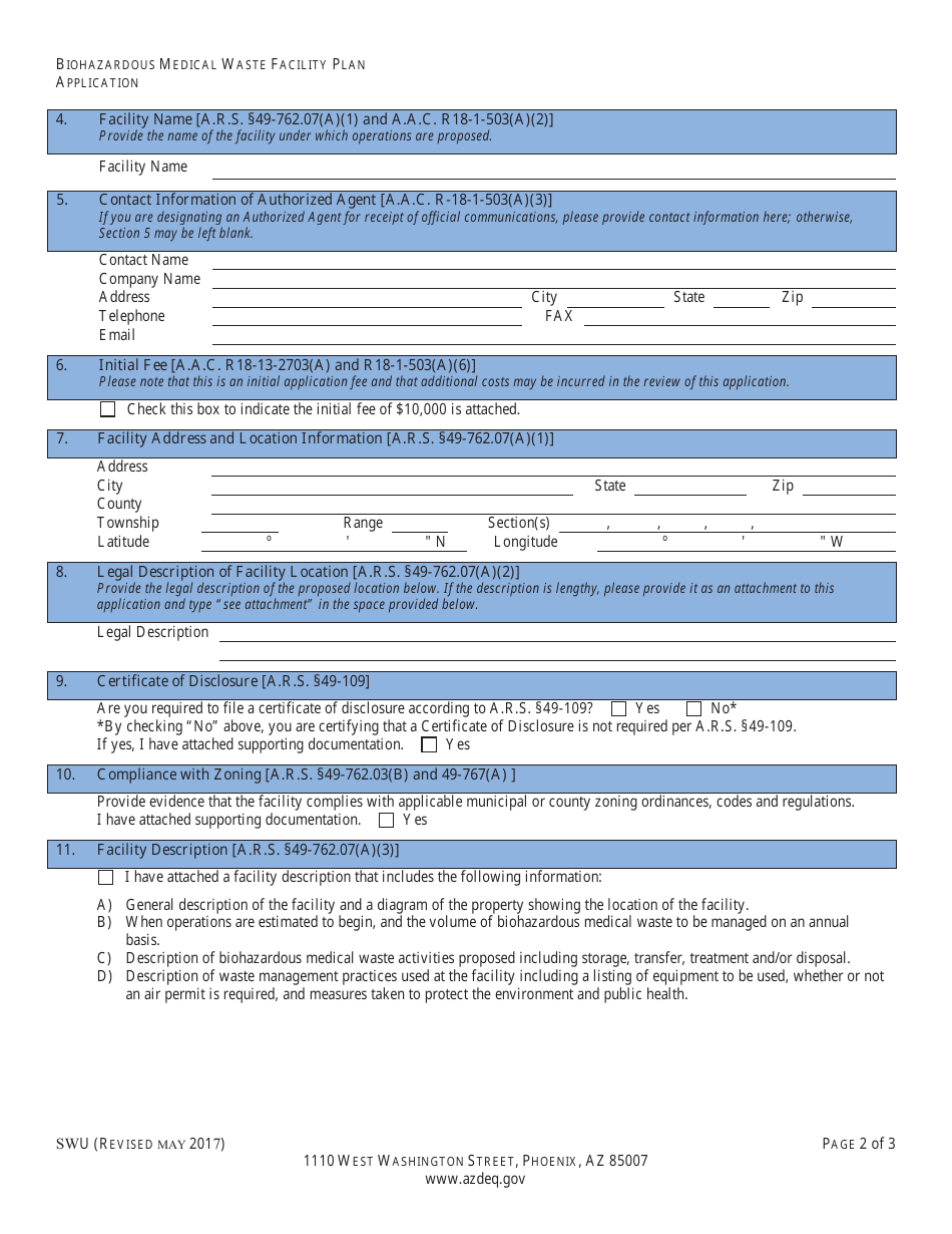 ADEQ Form SWU Biohazardous Medical Waste Facility Plan Application - Arizona, Page 4