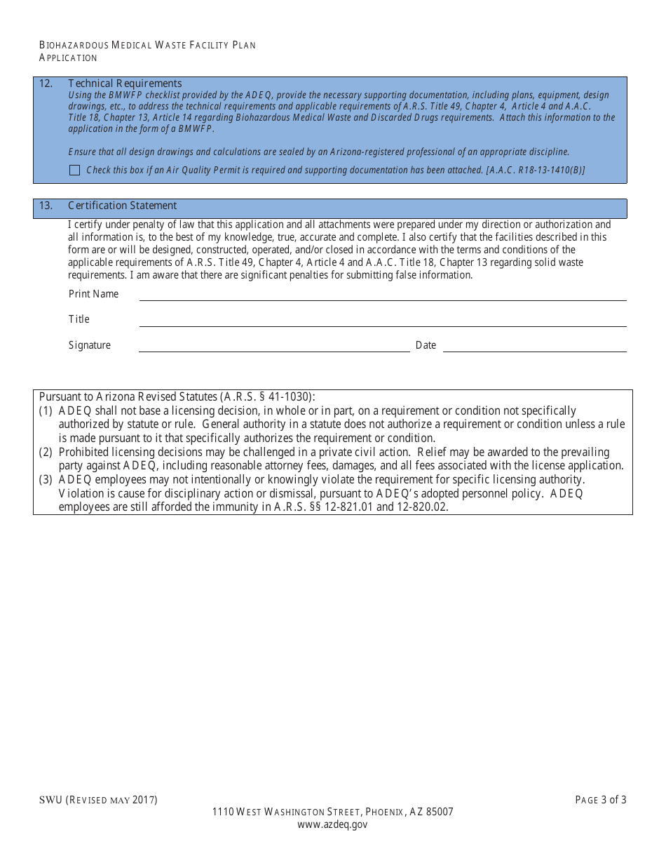 ADEQ Form SWU Biohazardous Medical Waste Facility Plan Application - Arizona, Page 5