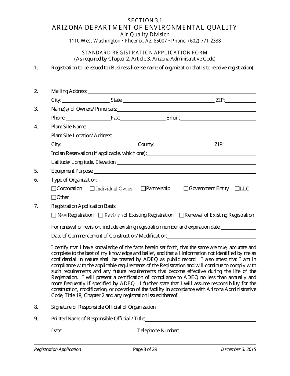 Standard Registration Application Form - Arizona, Page 8