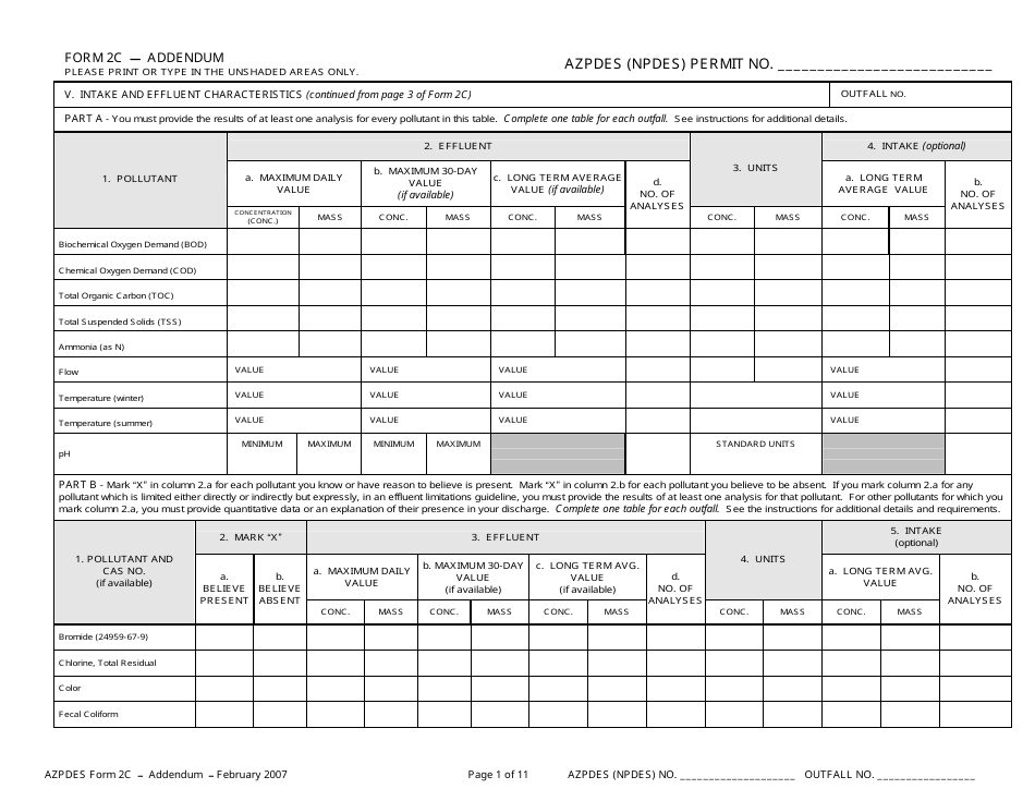 ADEQ Form 2C AZPDES Addendum - Arizona, Page 1