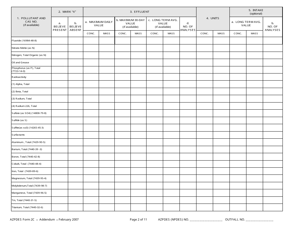 ADEQ Form 2C AZPDES Addendum - Arizona, Page 2