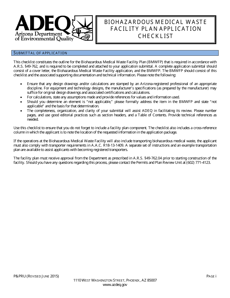 ADEQ Form PPRU Biohazardous Medical Waste Facility Plan Application Checklist - Arizona, Page 1
