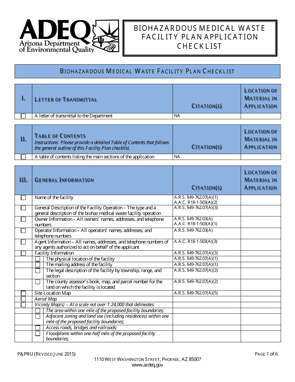ADEQ Form PPRU Biohazardous Medical Waste Facility Plan Application Checklist - Arizona, Page 2