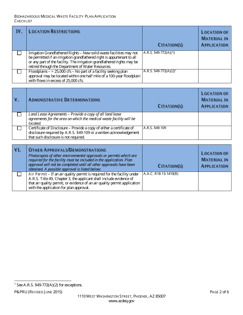 ADEQ Form PPRU Biohazardous Medical Waste Facility Plan Application Checklist - Arizona, Page 3
