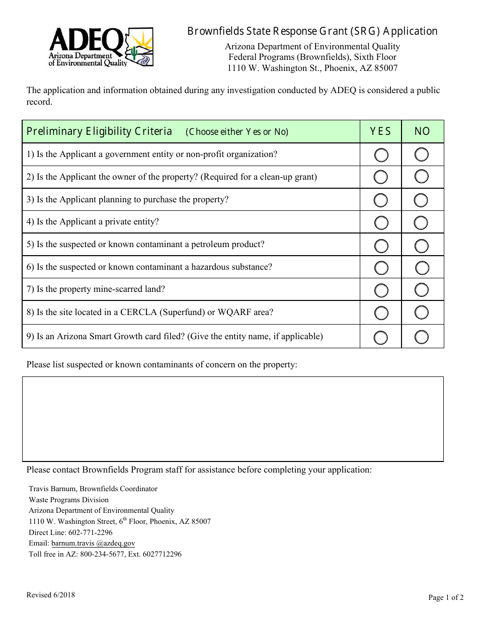 Brownfields State Response Grant (Srg) Application Form - Arizona, Page 1