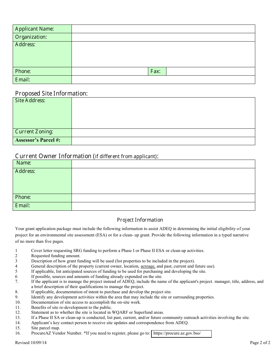 Brownfields State Response Grant (Srg) Application Form - Arizona, Page 2