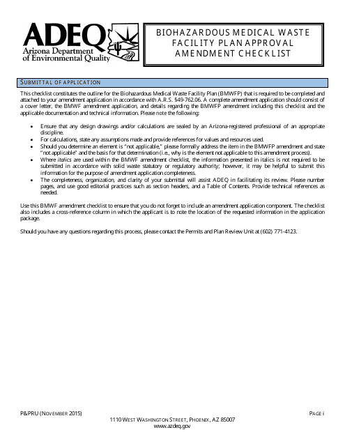 ADEQ Form P&PRU Biohazardous Medical Waste Facility Plan Approval Amendment Checklist - Arizona