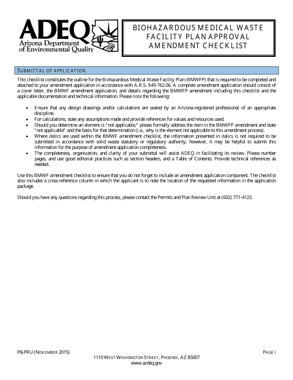 ADEQ Form PPRU Biohazardous Medical Waste Facility Plan Approval Amendment Checklist - Arizona, Page 1