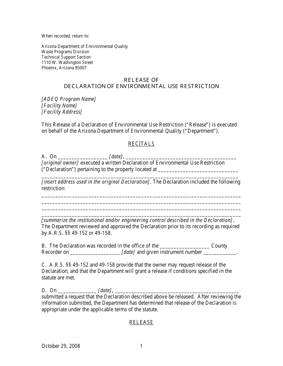 Release of Declaration of Environmental Use Restriction - Arizona, Page 1
