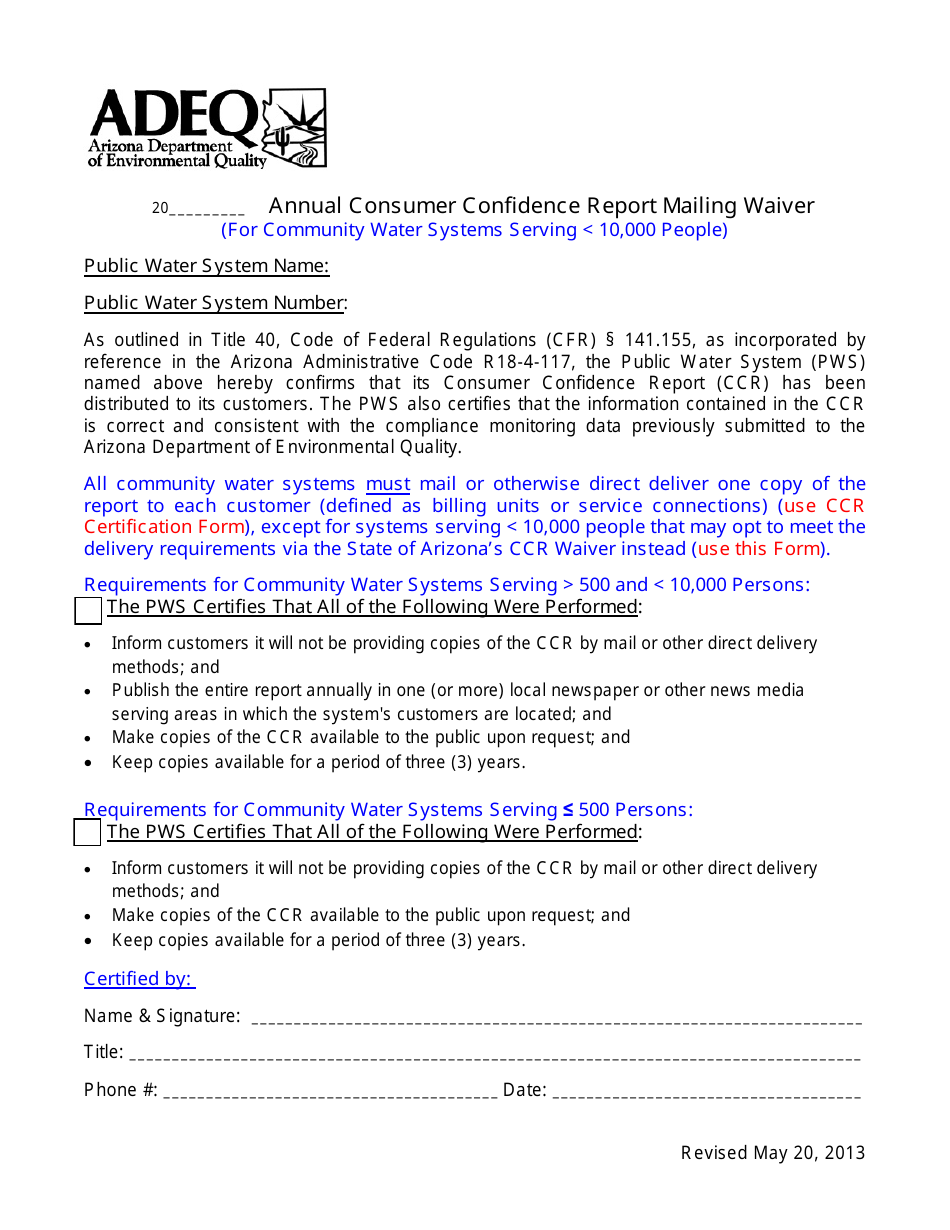 Annual Consumer Confidence Report Mailing Waiver Form - Arizona, Page 1