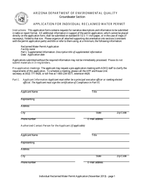 Application for Individual Reclaimed Water Permit - Arizona Download Pdf