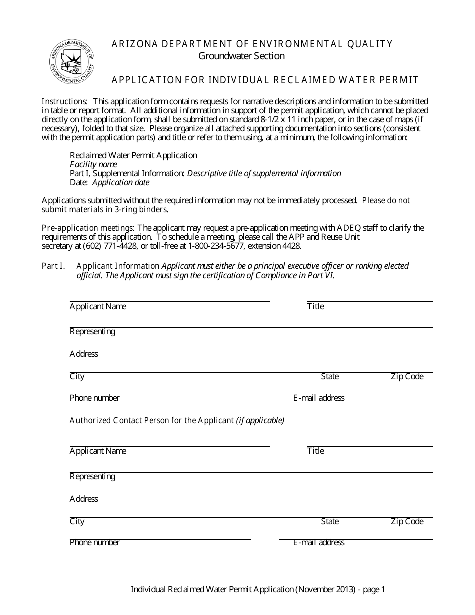 Application for Individual Reclaimed Water Permit - Arizona, Page 1