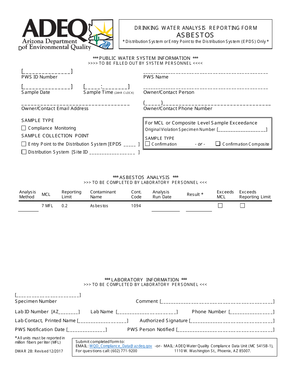 ADEQ Form DWAR2B Drinking Water Analysis Reporting Form - Asbestos - Arizona, Page 1