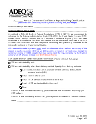 Annual Consumer Confidence Report Mailing Certification Form - Arizona