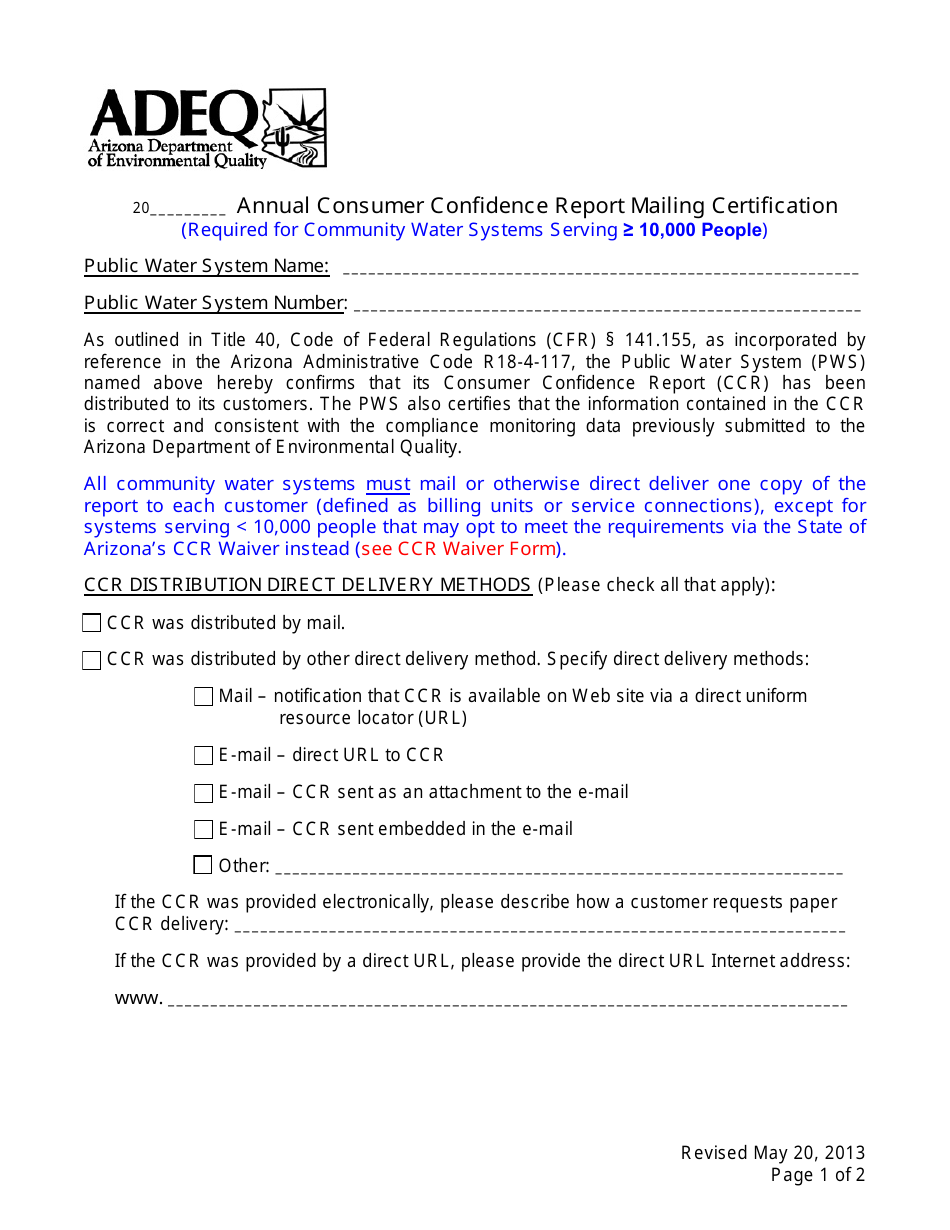 Annual Consumer Confidence Report Mailing Certification Form - Arizona, Page 1