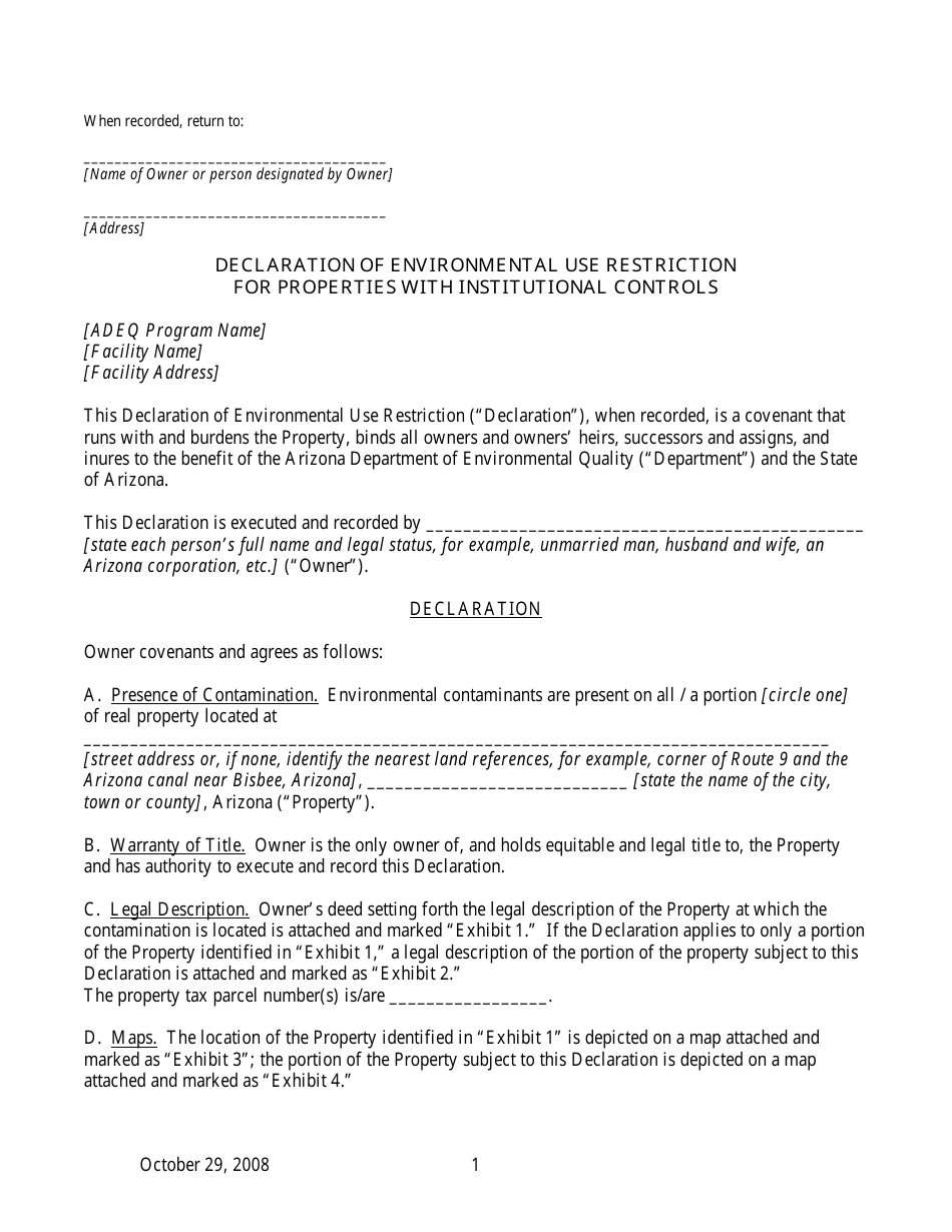 Declaration of Environmental Use Restriction for Properties With Institutional Controls - Arizona, Page 1