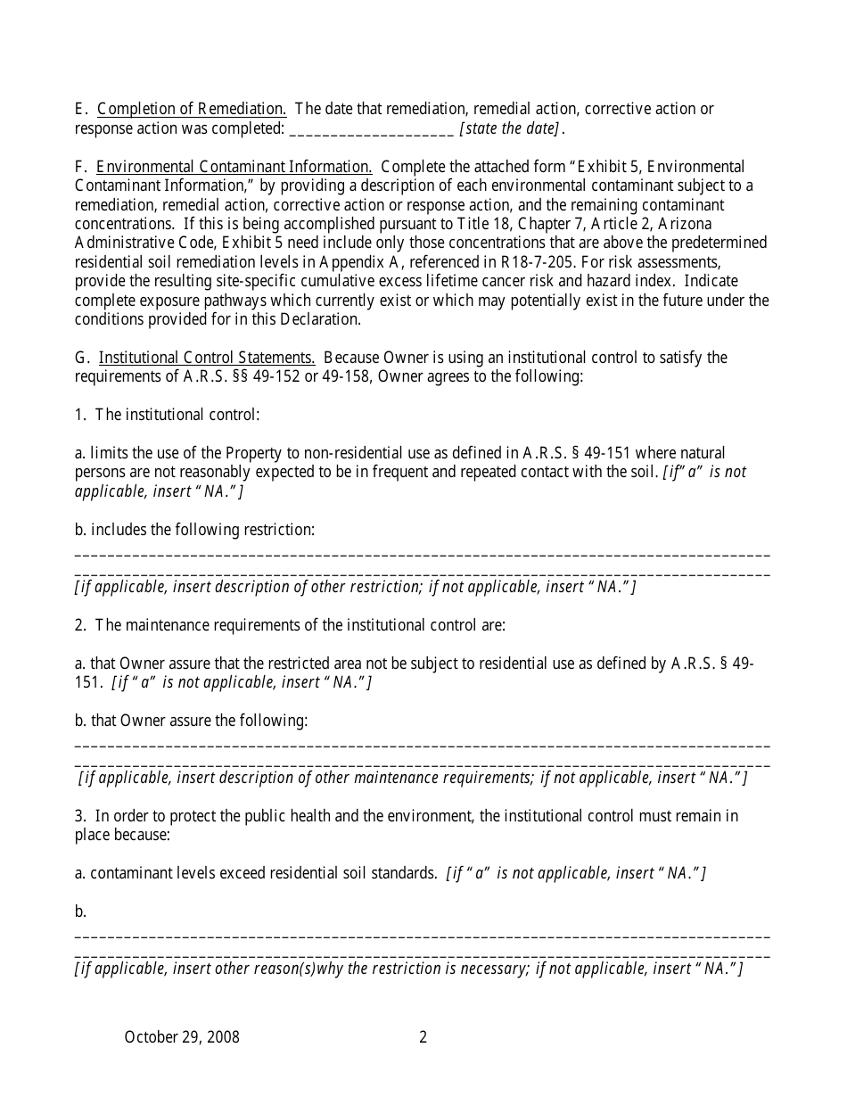 Declaration of Environmental Use Restriction for Properties With Institutional Controls - Arizona, Page 2