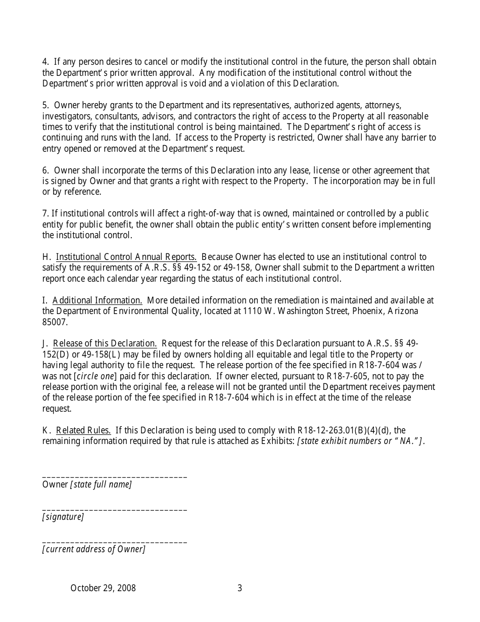 Declaration of Environmental Use Restriction for Properties With Institutional Controls - Arizona, Page 3
