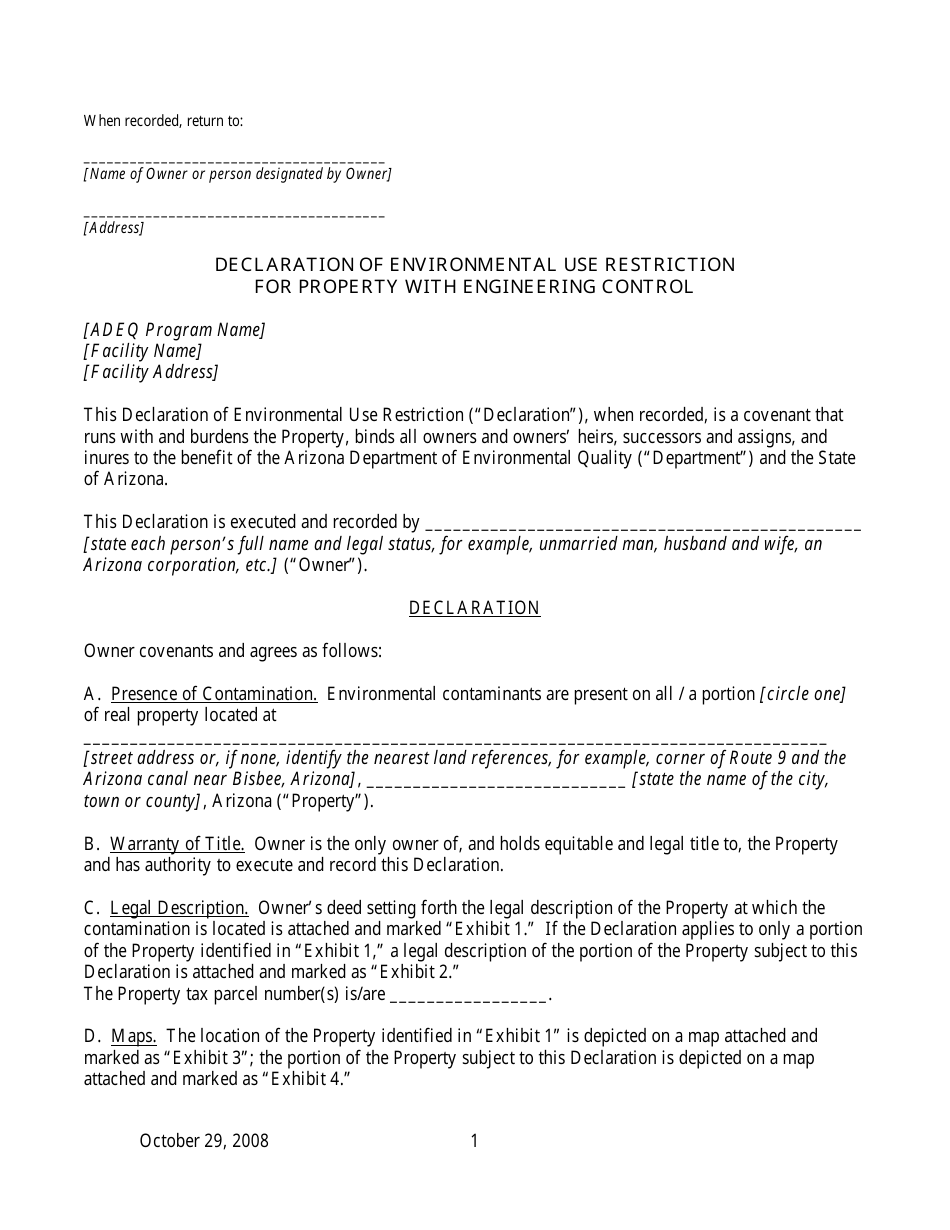 Declaration of Environmental Use Restriction for Property With Engineering Control - Arizona, Page 1