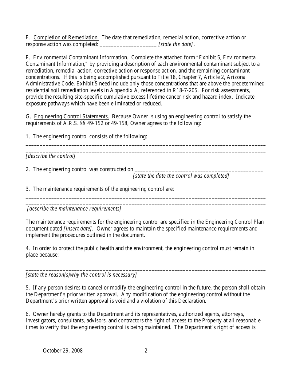 Arizona Declaration of Environmental Use Restriction for Property With ...