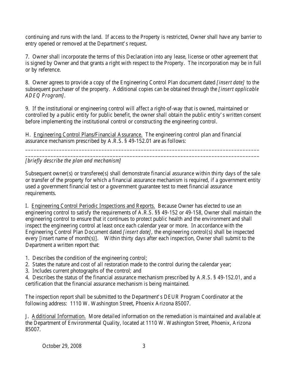 Declaration of Environmental Use Restriction for Property With Engineering Control - Arizona, Page 3