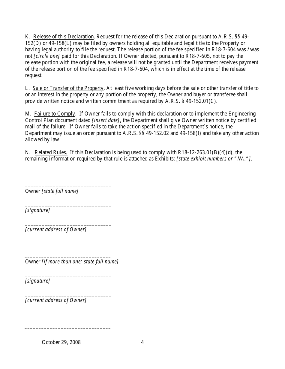 Declaration of Environmental Use Restriction for Property With Engineering Control - Arizona, Page 4