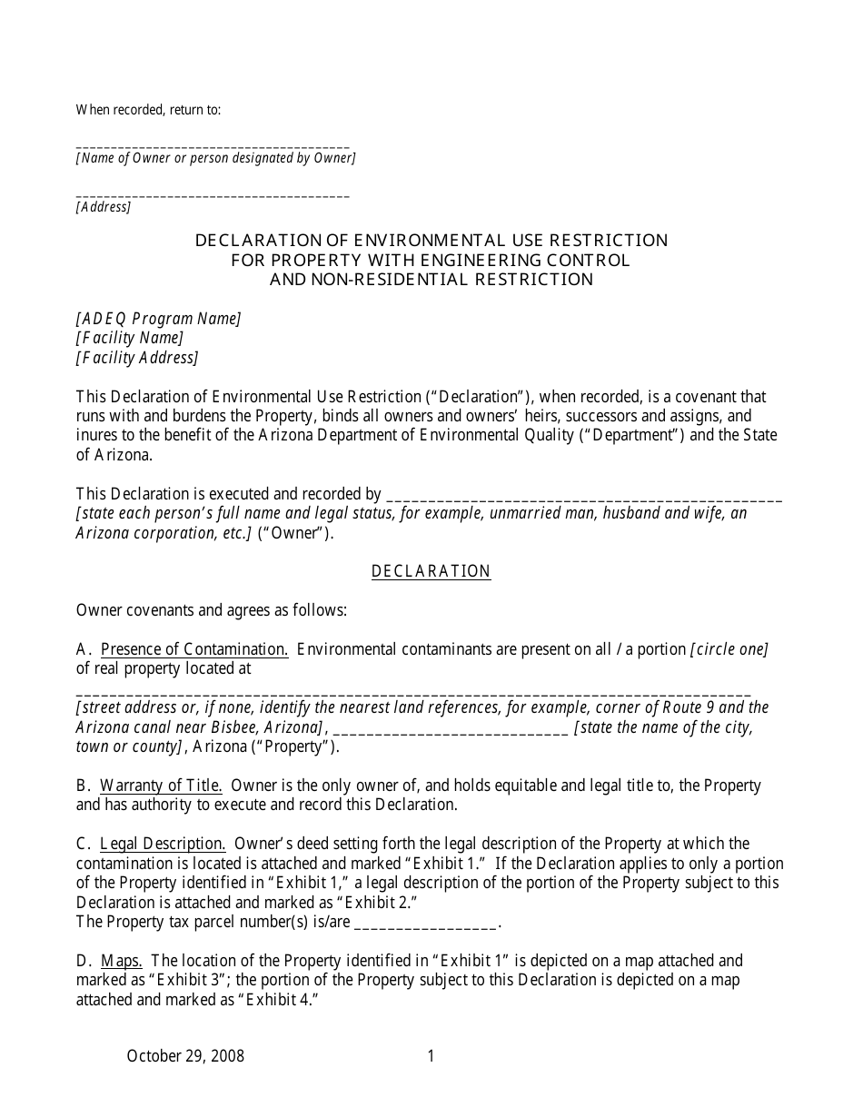 Declaration of Environmental Use Restriction for Property With Engineering Control and Non-residential Restriction - Arizona, Page 1