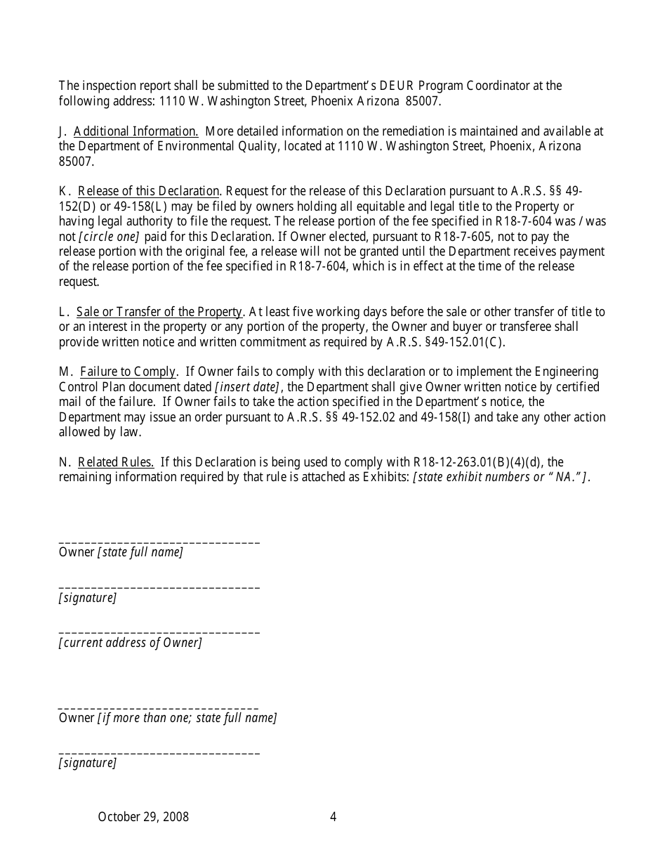 Declaration of Environmental Use Restriction for Property With Engineering Control and Non-residential Restriction - Arizona, Page 4