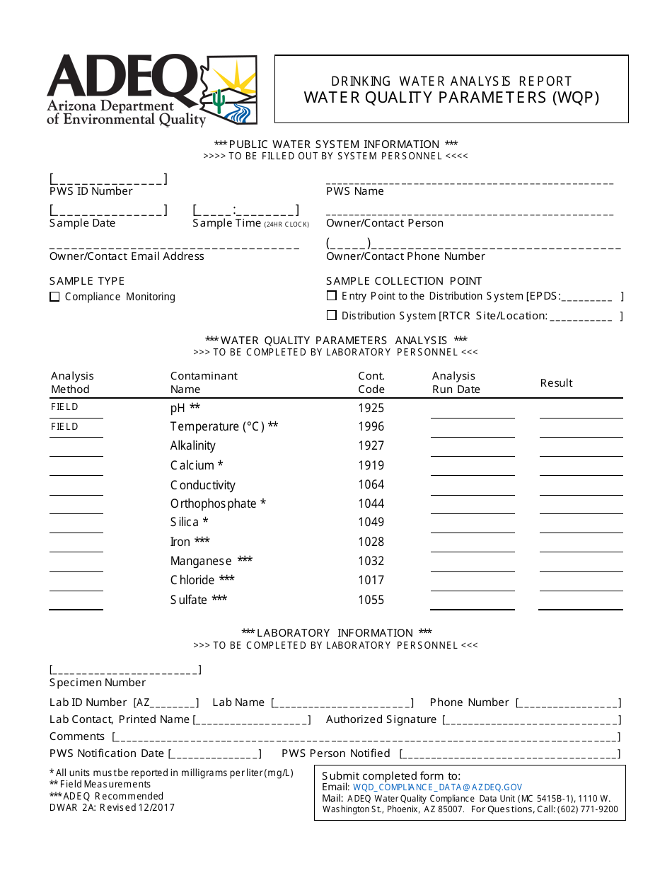 ADEQ Form DWAR2A Drinking Water Analysis Report - Water Quality Parameters (Wqp) - Arizona, Page 1