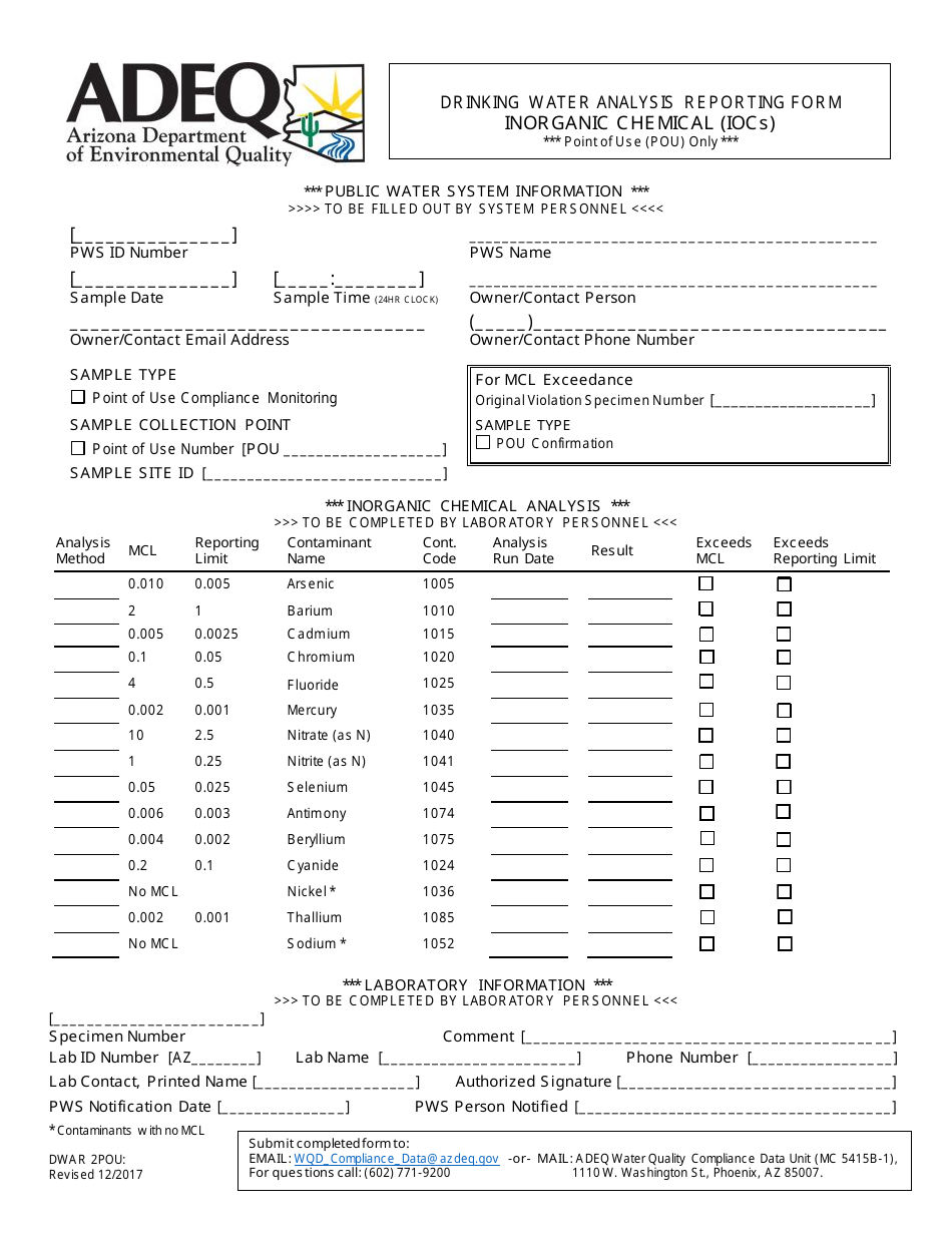 ADEQ Form DWAR2POU Drinking Water Analysis Reporting Form - Inorganic Chemical (Iocs) - Arizona, Page 1
