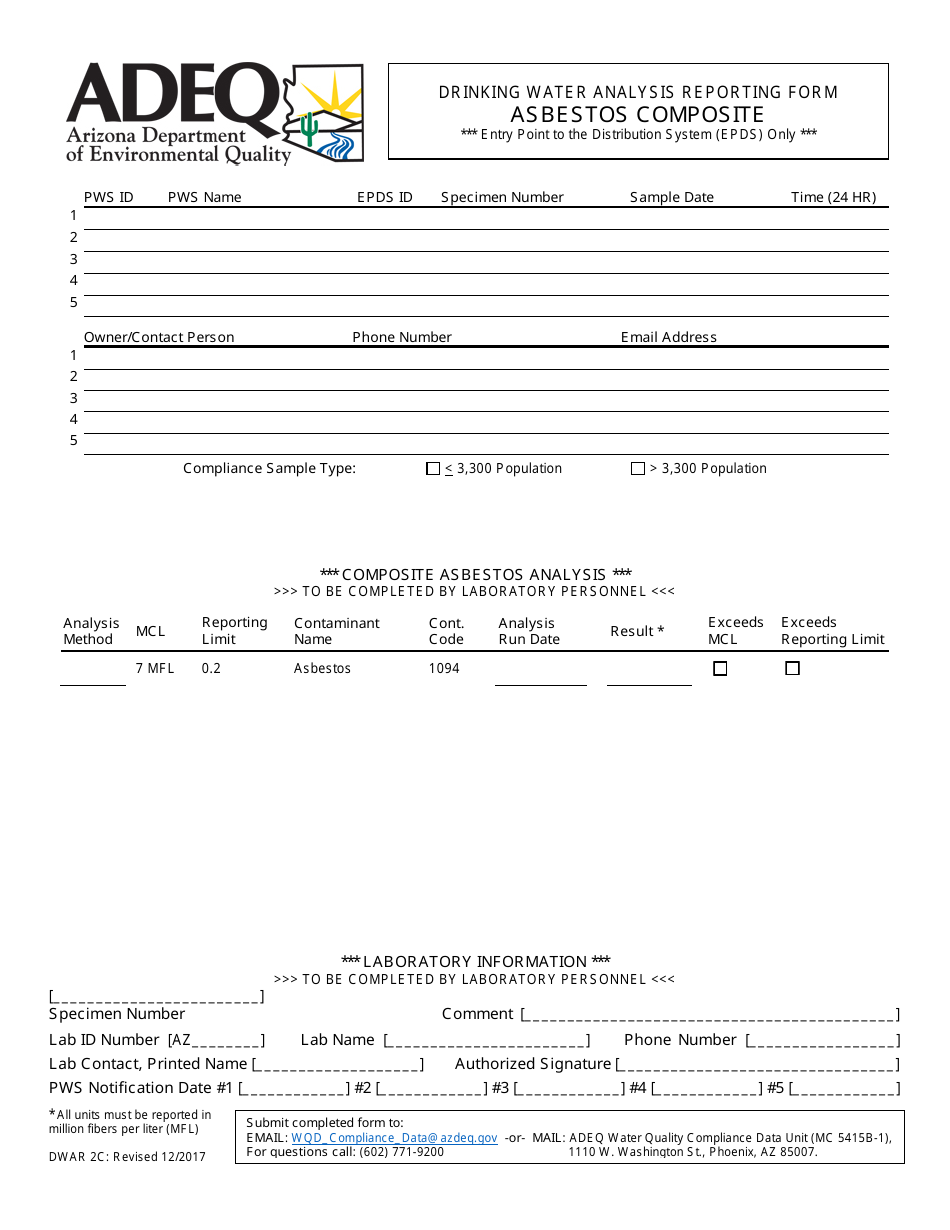ADEQ Form DWAR2C Drinking Water Analysis Reporting Form - Asbestos Composite - Arizona, Page 1