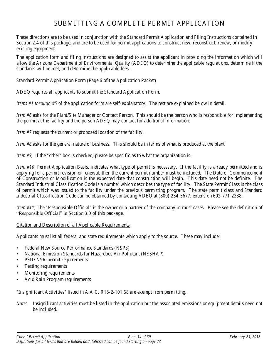 Application Packet for a Class I Permit - Arizona, Page 14