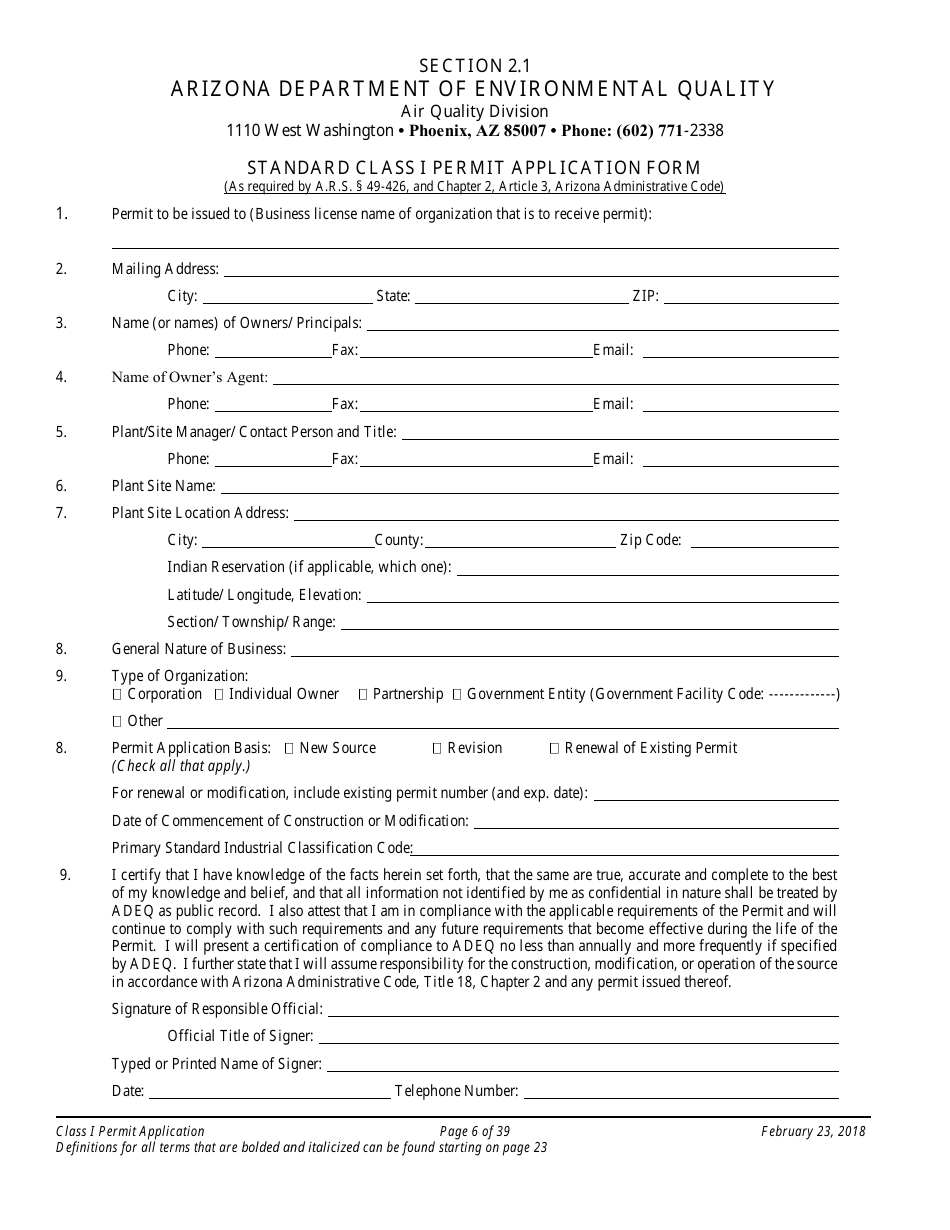 Application Packet for a Class I Permit - Arizona, Page 6