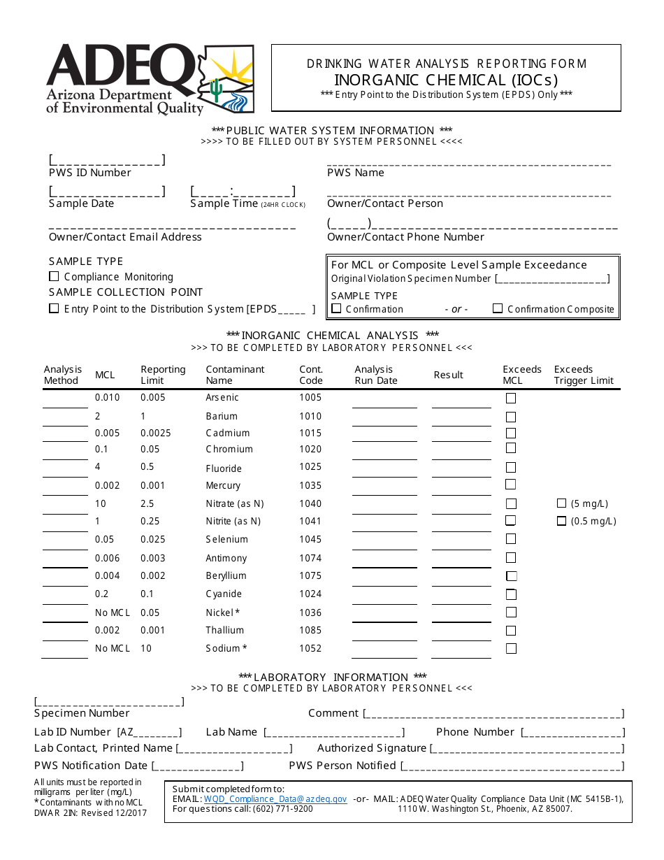 ADEQ Form DWAR2IN Drinking Water Analysis Reporting Form - Inorganic Chemical (Iocs) - Arizona, Page 1