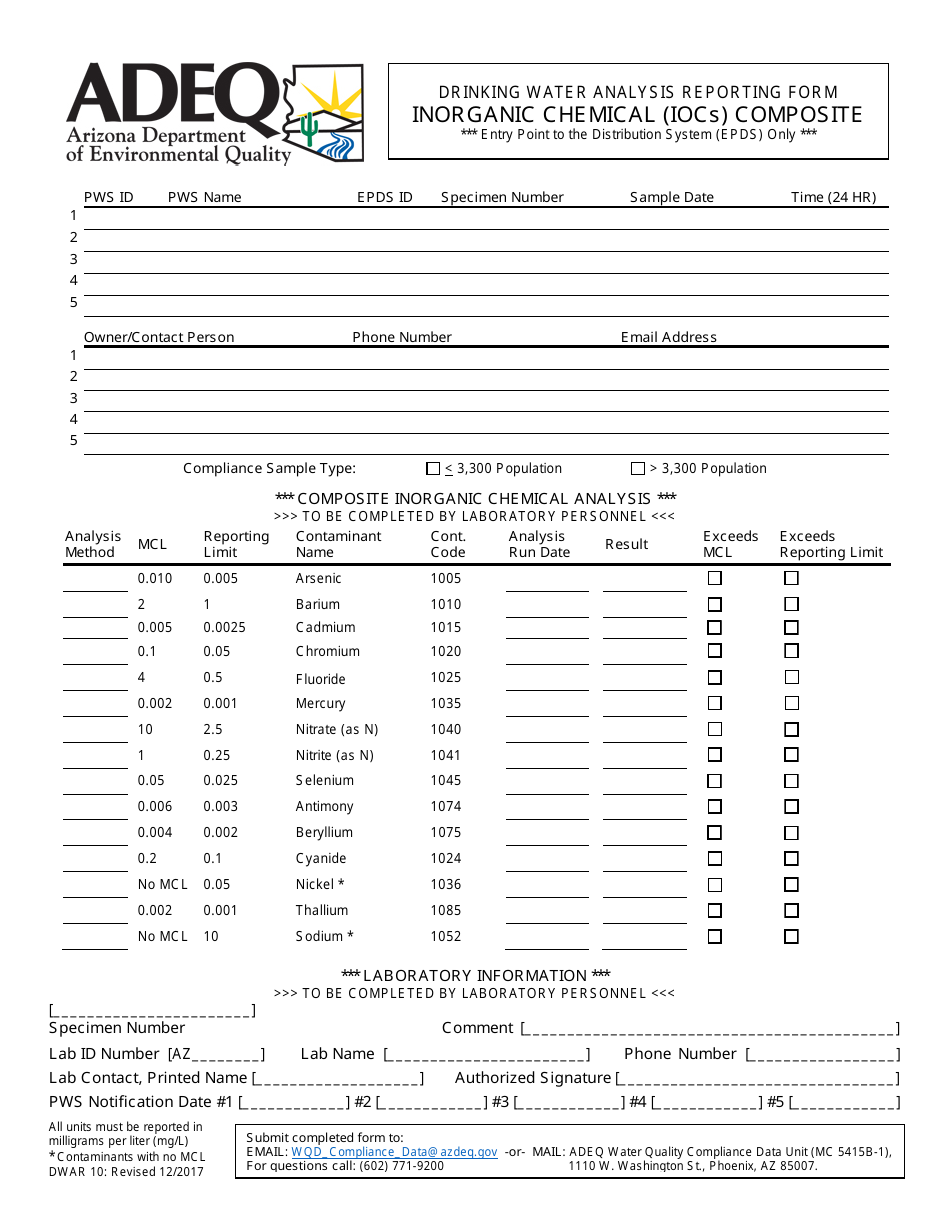 ADEQ Form DWAR10 Drinking Water Analysis Reporting Form - Inorganic Chemical (Iocs) Composite - Arizona, Page 1