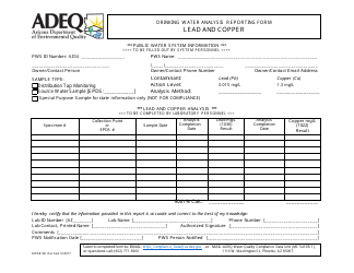 ADEQ Form DWAR08 &quot;Drinking Water Analysis Reporting Form - Lead and Copper&quot; - Arizona