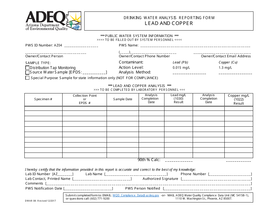 ADEQ Form DWAR08 Drinking Water Analysis Reporting Form - Lead and Copper - Arizona, Page 1