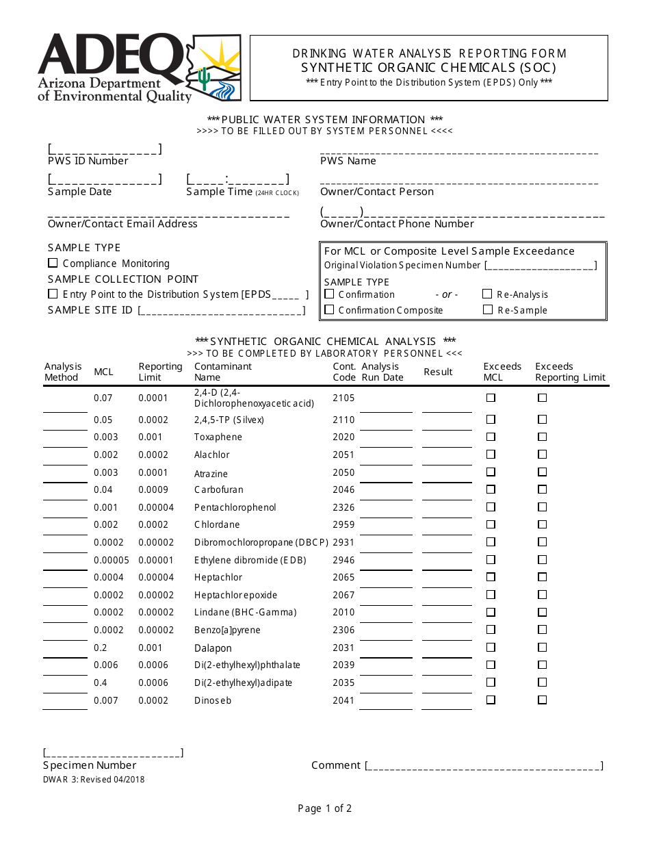 ADEQ Form DWAR3 Drinking Water Analysis Reporting Form - Synthetic Organic Chemicals (Soc) - Arizona, Page 1