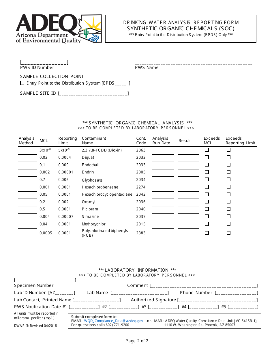 ADEQ Form DWAR3 Drinking Water Analysis Reporting Form - Synthetic Organic Chemicals (Soc) - Arizona, Page 2