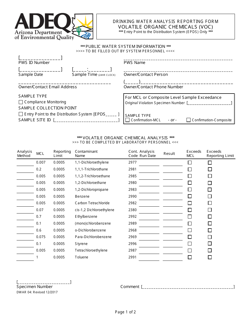 ADEQ Form DWAR04 Drinking Water Analysis Reporting Form - Volatile Organic Chemicals (VOC) - Arizona, Page 1