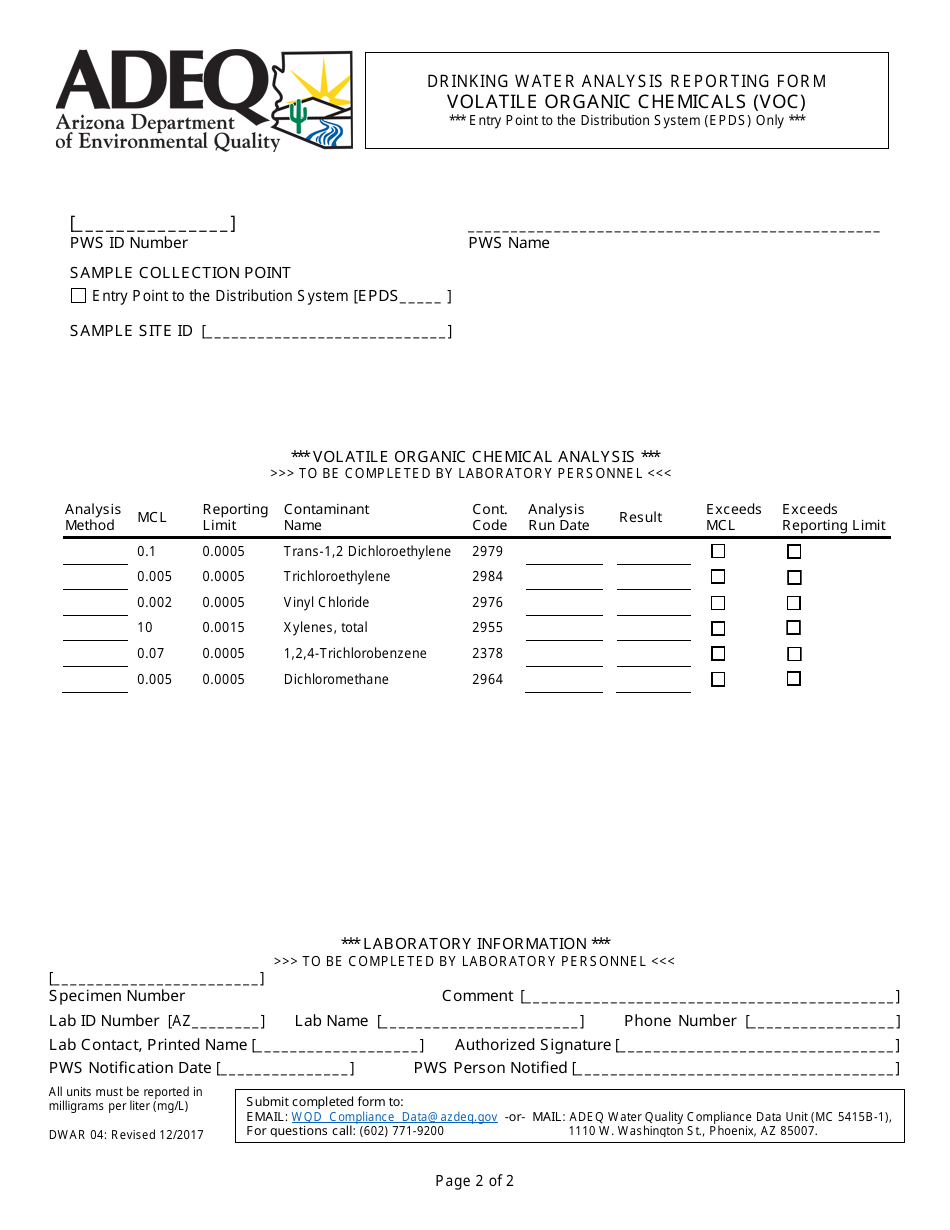 ADEQ Form DWAR04 Drinking Water Analysis Reporting Form - Volatile Organic Chemicals (VOC) - Arizona, Page 2