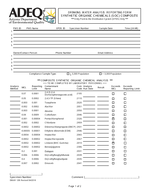 ADEQ Form DWAR12B Drinking Water Analysis Reporting Form - Synthetic Organic Chemicals (Soc) Composite - Arizona