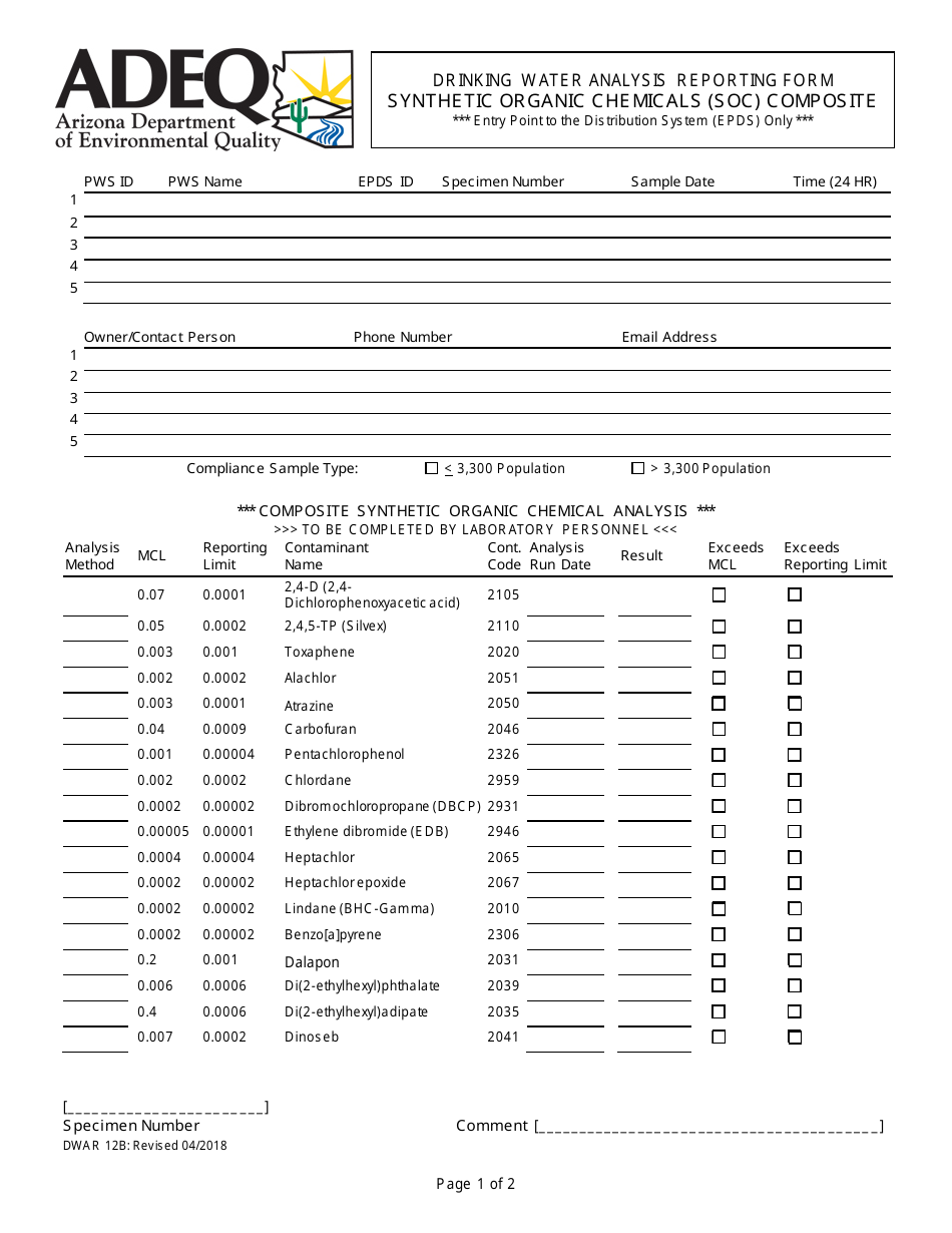 ADEQ Form DWAR12B Drinking Water Analysis Reporting Form - Synthetic Organic Chemicals (Soc) Composite - Arizona, Page 1