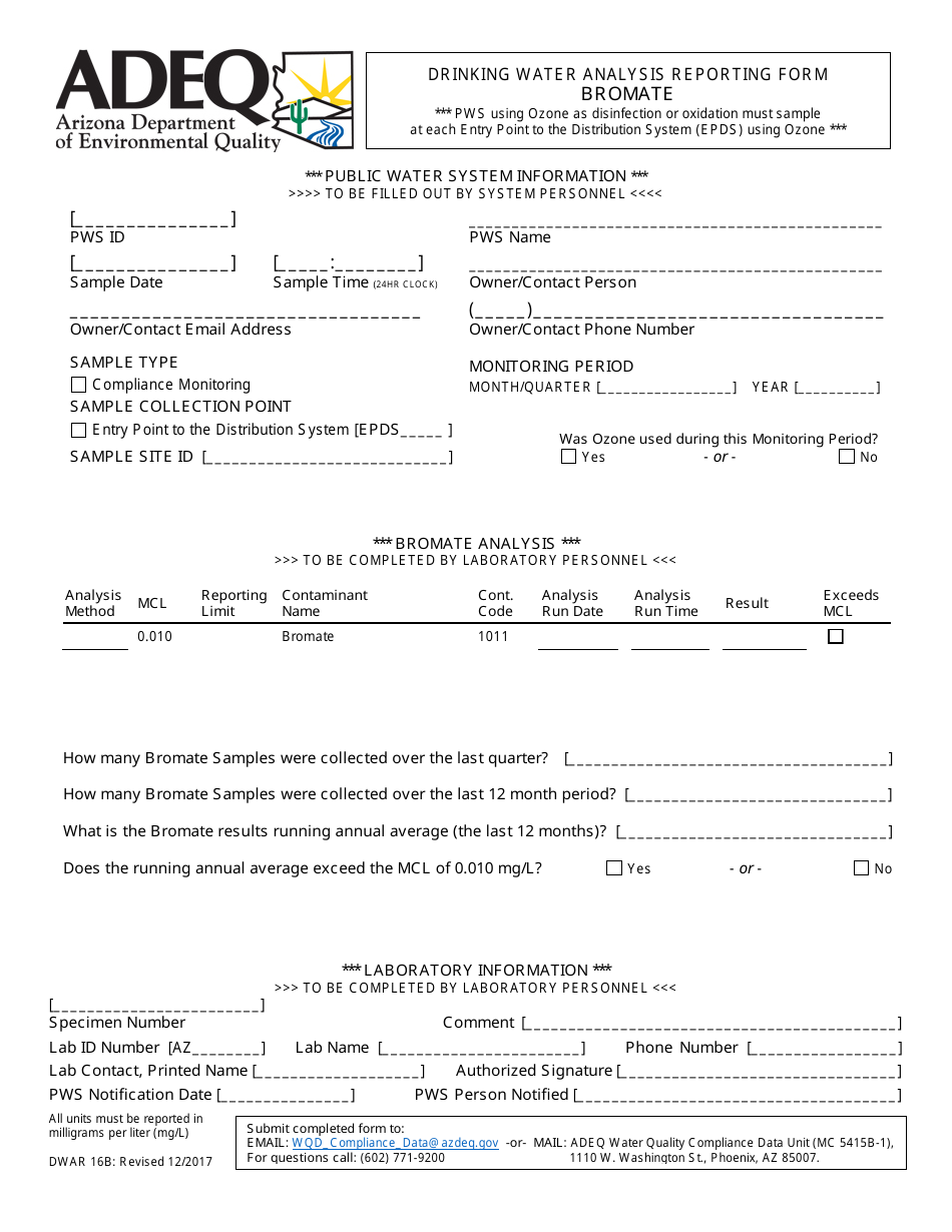 ADEQ Form DWAR16B Drinking Water Analysis Reporting Form - Bromate - Arizona, Page 1